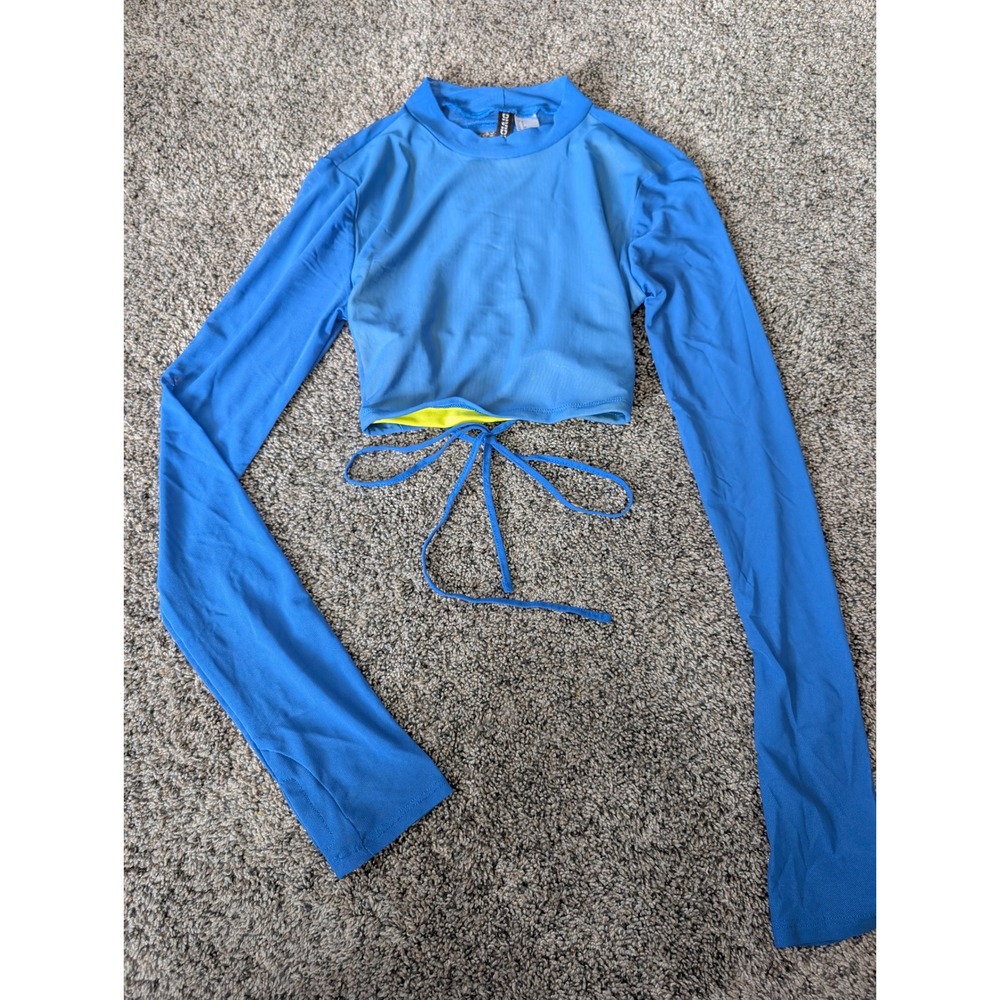 H&M Divided Blue Mesh Crop Top Neon Yellow Lining Open Back‎ Tie Waist Small